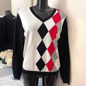 Women's GOLF sweater, L, liz golf pullover Liz Claiborne, red blue white, cotton